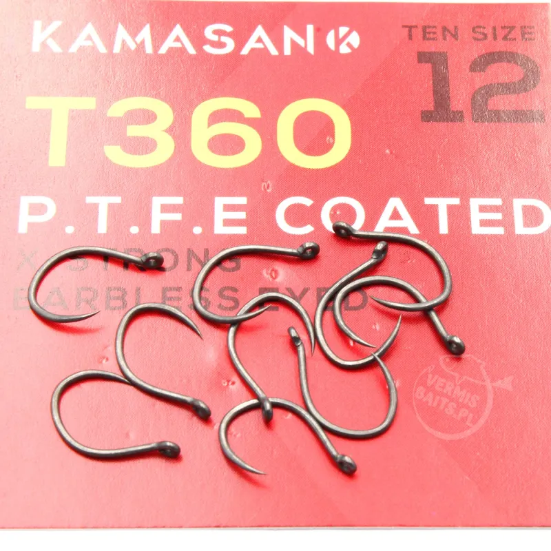 Haczyki Kamasan T360 Eyed X-Strong PTFE roz. 12 – do włosa, 10 szt.