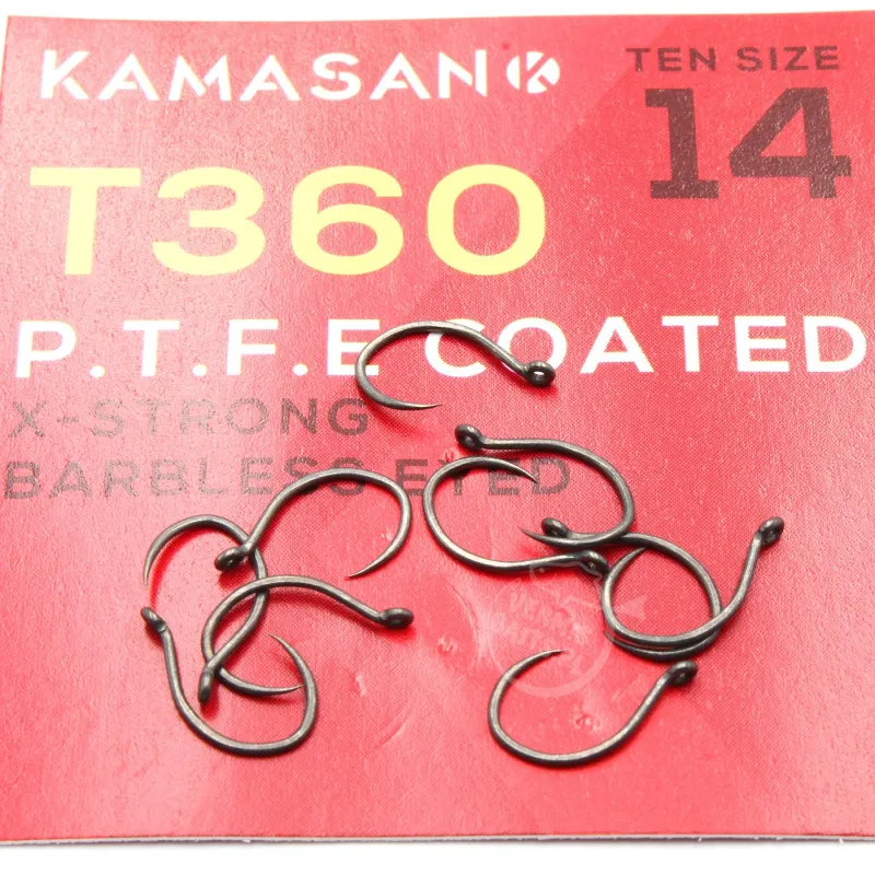 Haczyki Kamasan T360 Eyed X-Strong PTFE roz. 14 – do włosa, 10 szt.