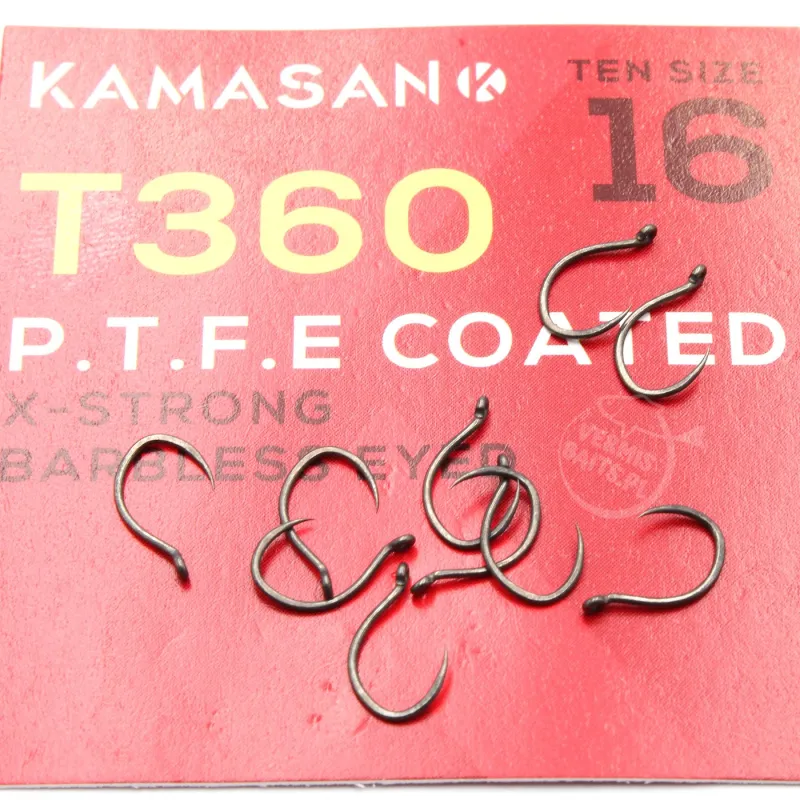 Haczyki Kamasan T360 Eyed X-Strong PTFE roz. 16 – do waftersów, 10 szt.