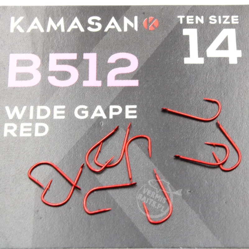 Haczyki Kamasan B512 Barbed Spade roz. 14 – czerwone, 10 szt.