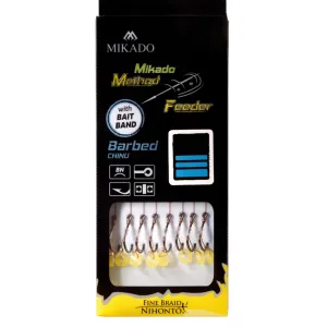 Przypony Mikado Method Feeder 10 z gumką – haki z zadiorami, plecionka Fine Braid 0,12 mm