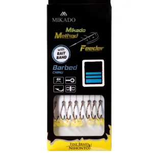 Przypony Mikado Method Feeder 12 z gumką – haki BKK Chinu, plecionka Fine Braid 0,12 mm