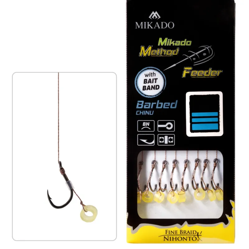 Przypony Mikado Method Feeder 8 z gumką – haki z zadiorami, plecionka Fine Braid 0,14 mm