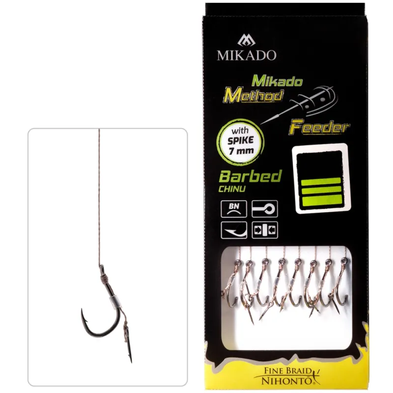 Przypony Mikado Method Feeder 12 z Igłą – haki BKK Chinu, plecionka Fine Braid 0,12 mm
