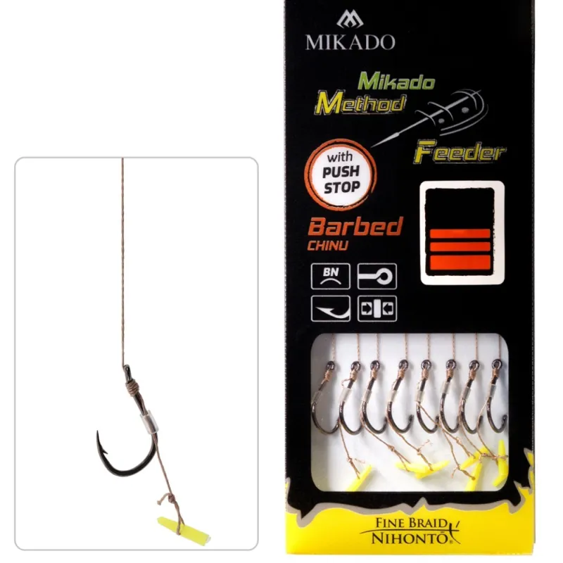 Przypony Mikado Method Feeder 10 z Pushstop – haki BKK Chinu, plecionka Nihonto Fine Braid 0,12 mm
