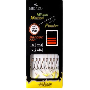 Przypony Mikado Method Feeder 8 z Pushstop – haki BKK Chinu, plecionka Nihonto Fine Braid 0,14 mm