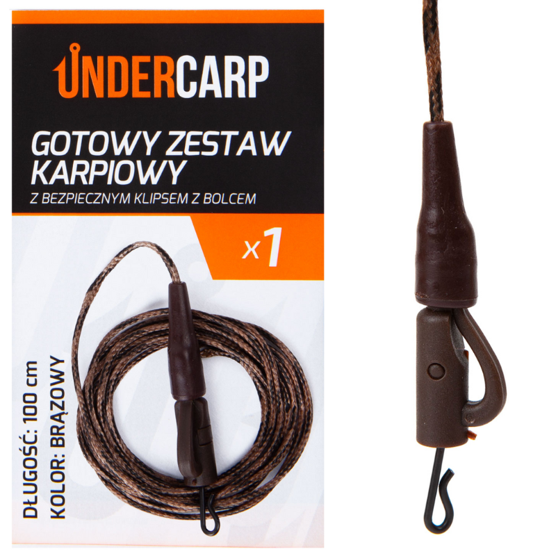 Zestaw karpiowy z bezpiecznym klipsem z bolcem 100 cm – leadcore 45 lb brązowy