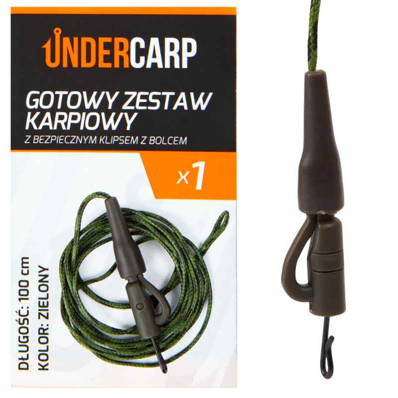 Zestaw karpiowy z bezpiecznym klipsem z bolcem 100 cm zielony – leadcore 45 lb