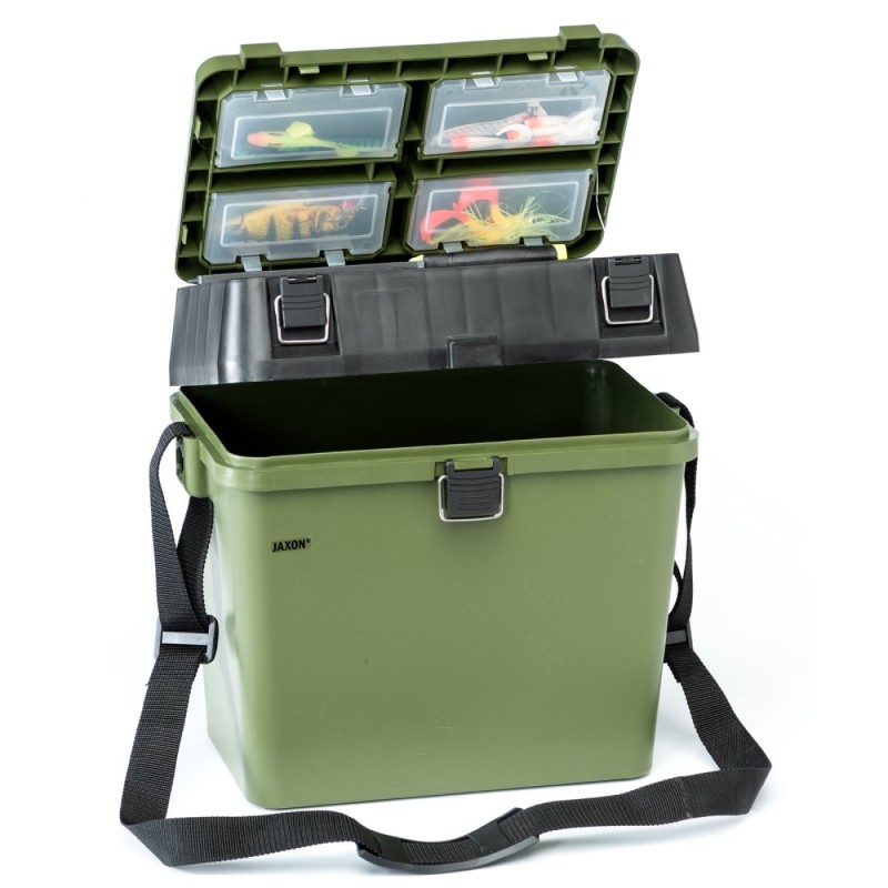 Skrzynka wędkarska Jaxon RH-161 35×23×38 cm – z siedziskiem i pasem na ramię