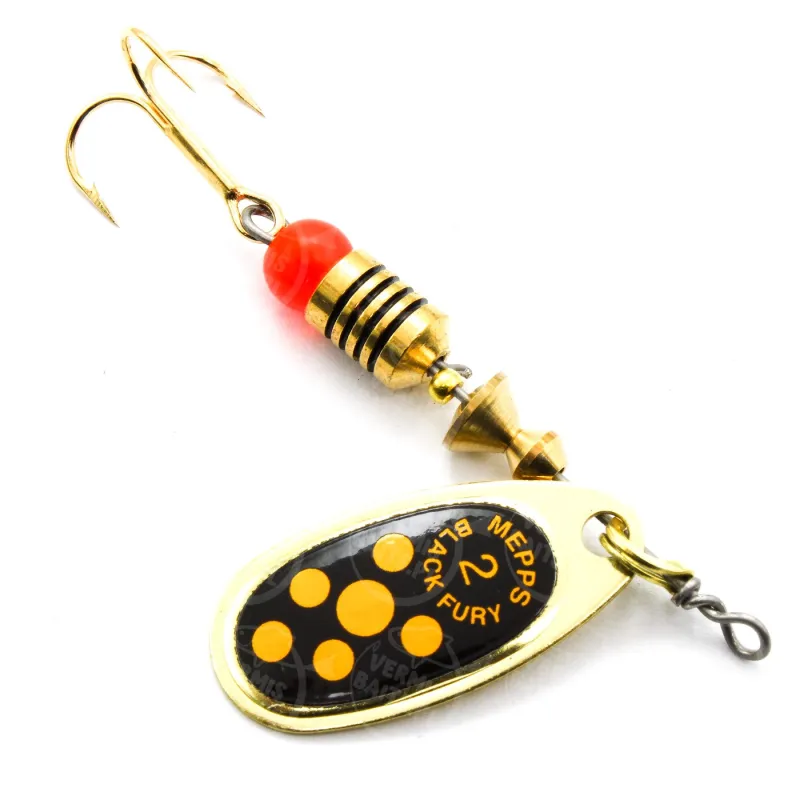 Błystka Mepps BLACK FURY złoty / żółte kropki 2 – skuteczna obrotówka na okonie i szczupaki