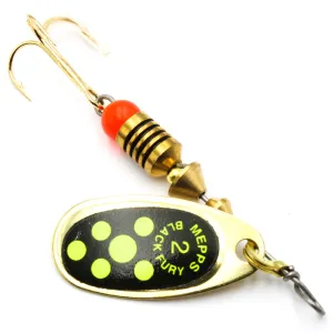 Błystka Mepps BLACK FURY złoty / seledyn kropki 2 – skuteczna obrotówka na okonie i klenie