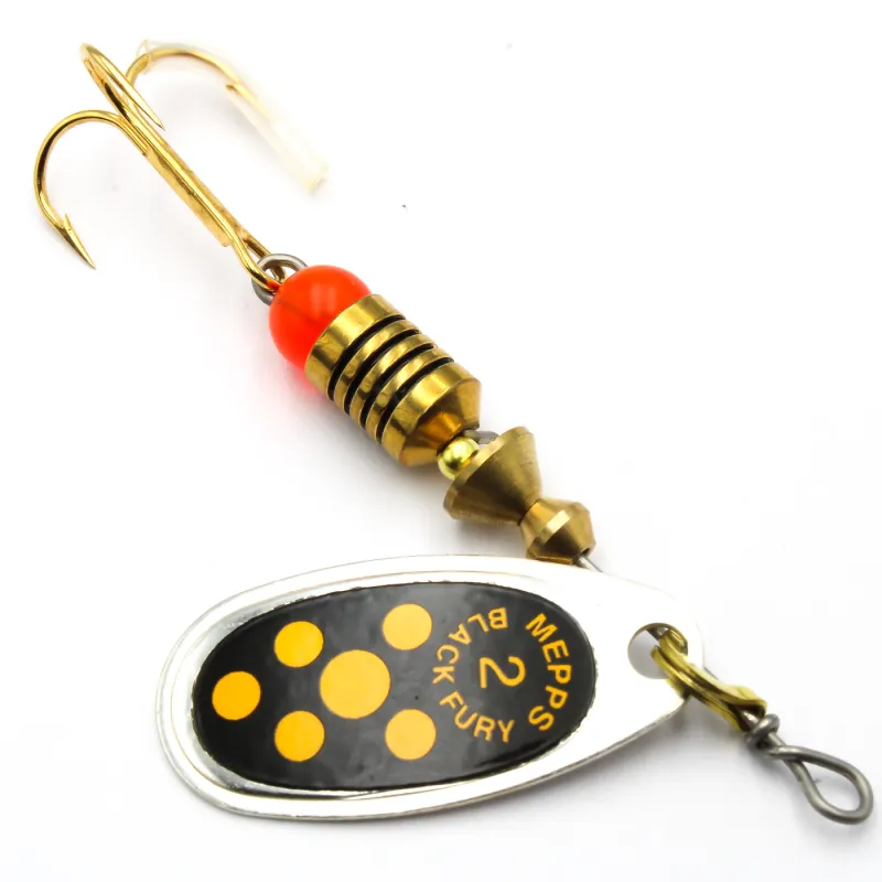 Błystka Mepps BLACK FURY srebro / żółte kropki 2 – skuteczna obrotówka na szczupaki i okonie