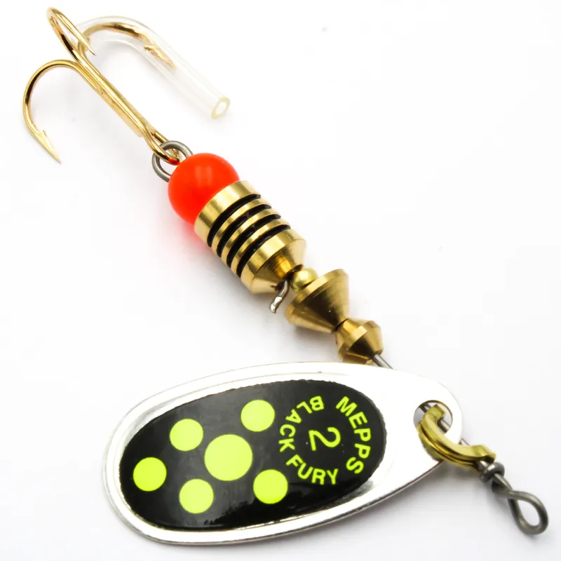 Błystka Mepps BLACK FURY srebro / seledyn kropki 2 – skuteczna obrotówka na okonie i klenie