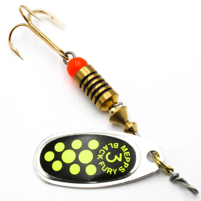 Błystka Mepps BLACK FURY srebro / seledyn kropki 3 – skuteczna obrotówka na szczupaki i okonie