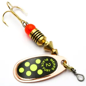 Błystka Mepps BLACK FURY miedź / seledyn kropki 2 – skuteczna obrotówka na okonie i klenie