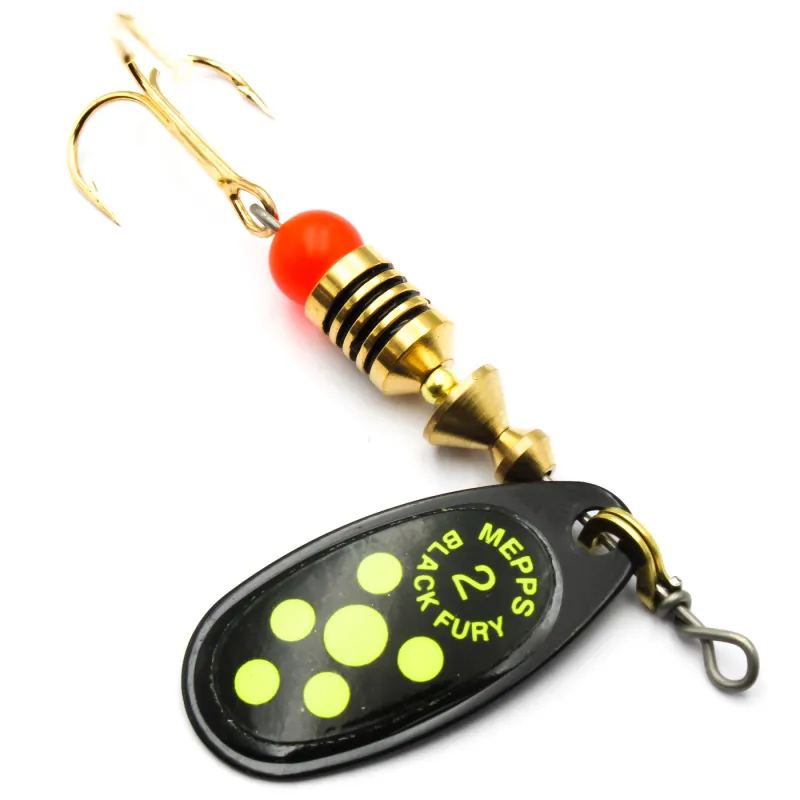 Błystka Mepps BLACK FURY czarna / seledyn kropki nr 2 – skuteczna obrotówka na okonie i klenie