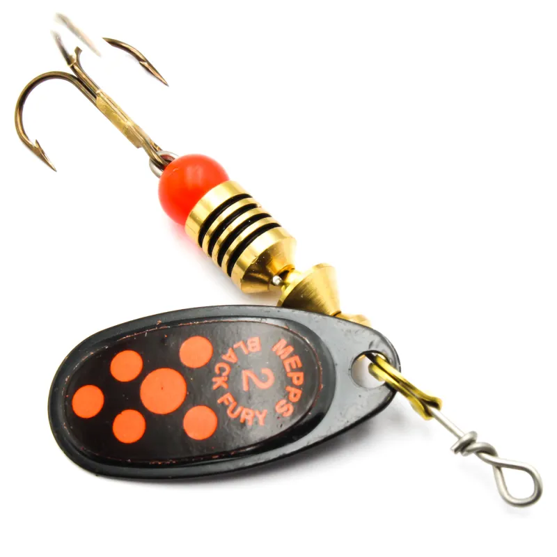 Błystka Mepps BLACK FURY czarna / czerwone kropki nr 2 – skuteczna obrotówka na okonie i szczupaki