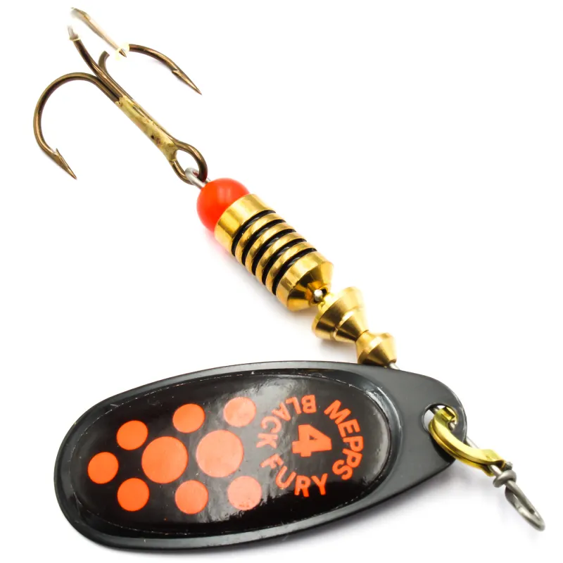 Błystka Mepps BLACK FURY czarna / czerwone kropki nr 4 – skuteczna obrotówka na szczupaki i trocie