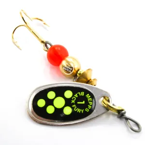 Błystka Mepps BLACK FURY srebro / seledyn kropki 1 – skuteczna obrotówka na pstrągi i okonie