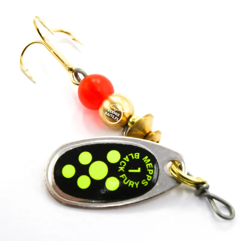 Błystka Mepps BLACK FURY srebro / seledyn kropki 1 – skuteczna obrotówka na pstrągi i okonie