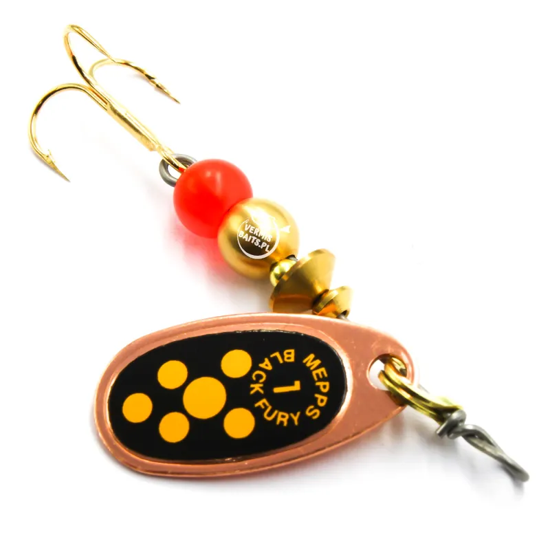 Błystka Mepps BLACK FURY miedź / żółte kropki 1 – skuteczna obrotówka na okonie i klenie