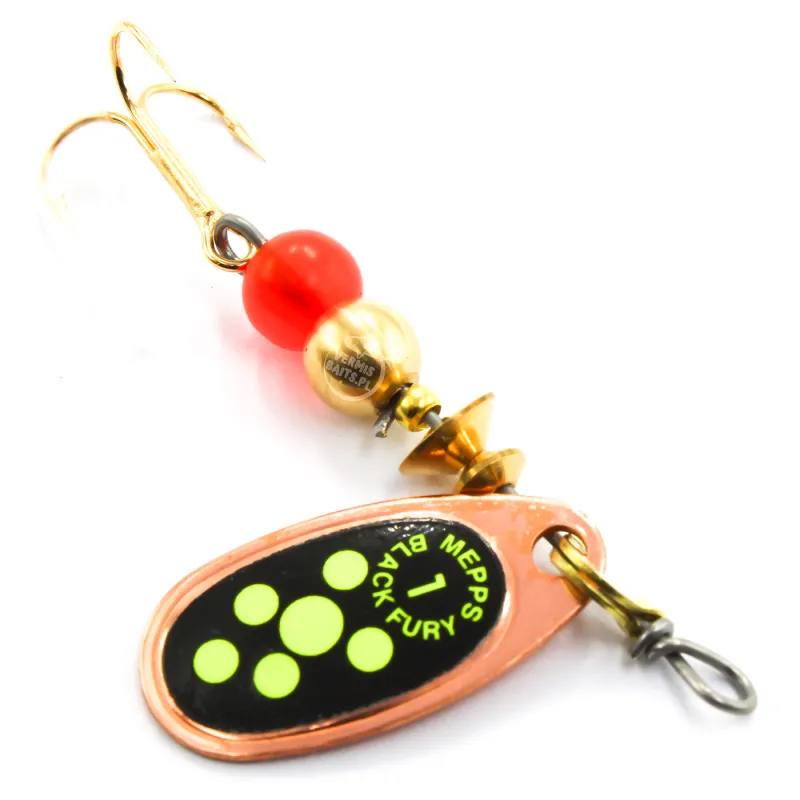 Błystka Mepps BLACK FURY miedź / seledyn kropki 1 – skuteczna obrotówka na okonie i klenie