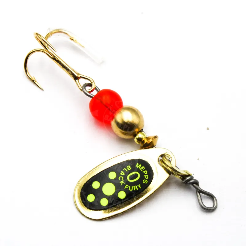 Błystka Mepps BLACK FURY złoty / seledyn kropki 0 – ultralekka obrotówka na pstrągi i okonie