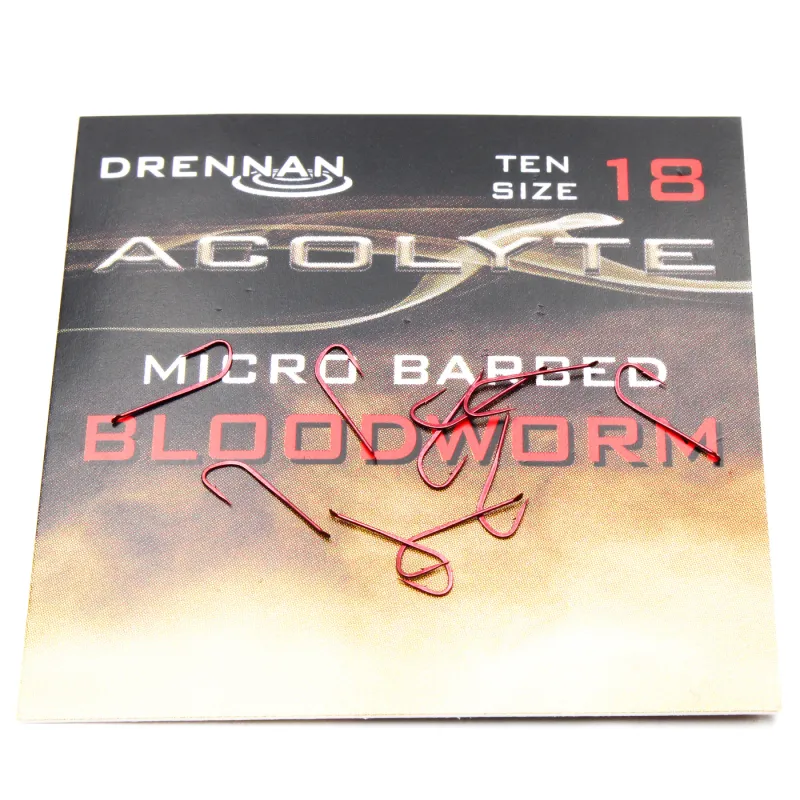 Haczyki Drennan Acolyte Bloodworm Nr 18 – cienki, czerwony haczyk na ochotkę